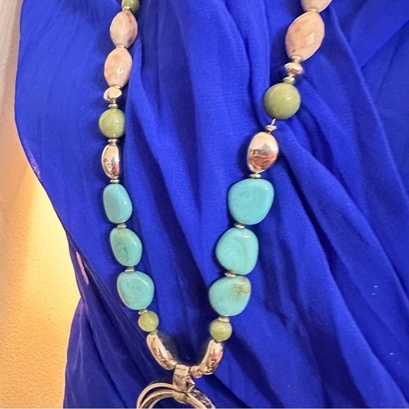 Chico's Blue and Silver Geometric Necklace Statement long Dangle pendant 0776 P - Picture 2 of 13